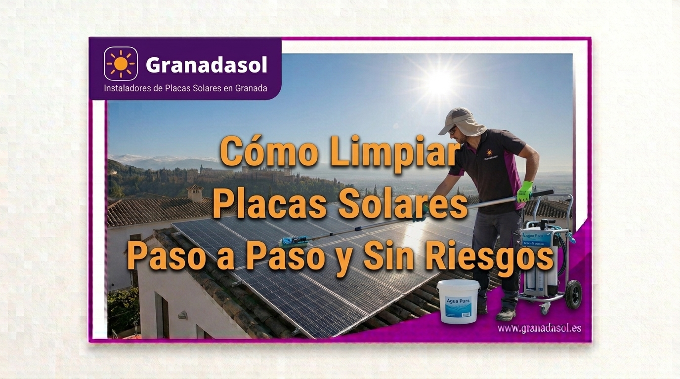 Técnico limpiando placas solares con mopa y agua en un tejado